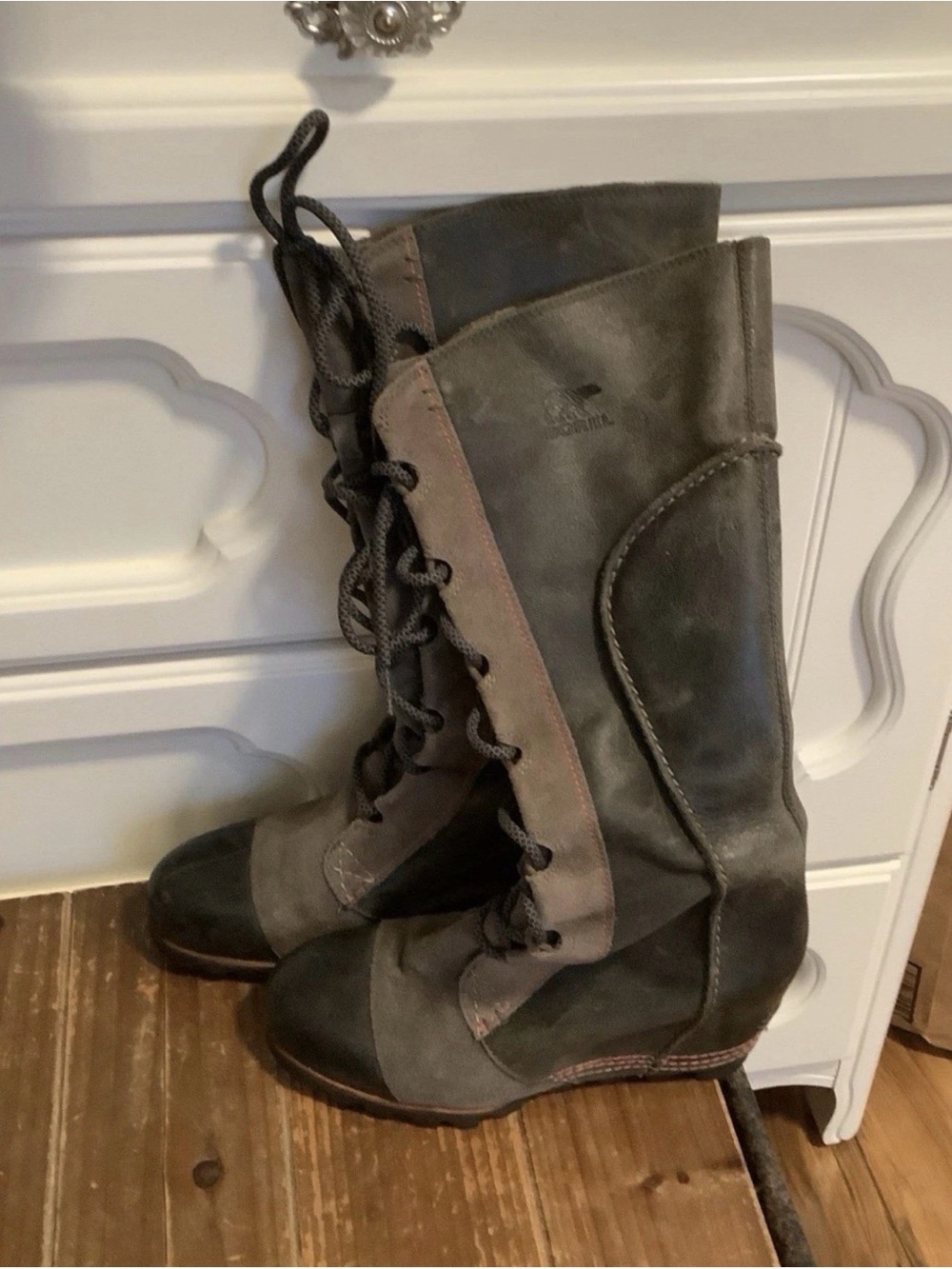 Womens Sorel Tall Lace-Up Leather Boots - Gray